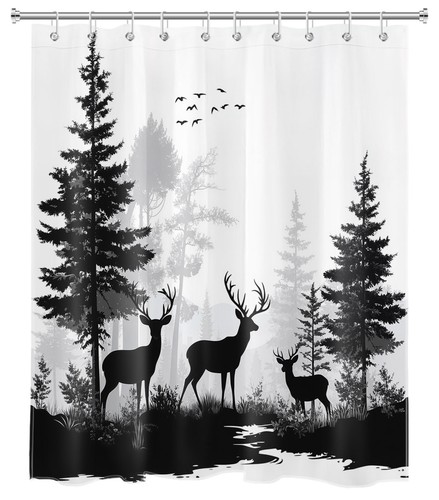 Nature Foggy Forest Black Dear Pine Tree Shower Curtain Bathroom Accessories Set - Picture 22 of 23