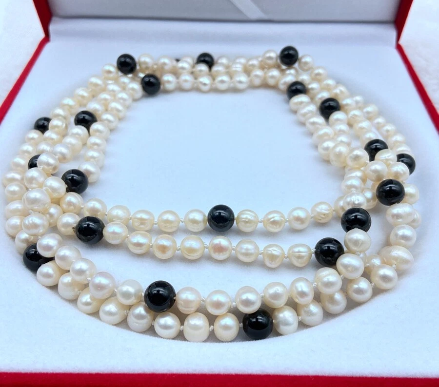 Collar de gemas de obsidiana negra redonda de 8 mm de perlas blancas reales de agua dulce de 7-8 mm 36-100" Foto 2 de 4