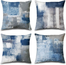 Set of 4 Blue and Grey Abstract Art Artwork Pillow Cover 18 X 18 Inch, Gallery M
