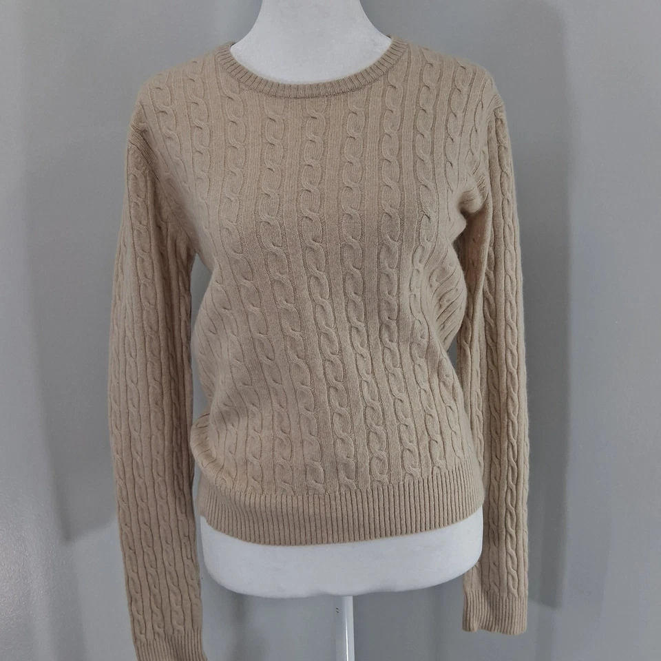 Suéter Aqua Cashmere Cuello Redondo Cachemira Cable Mujer Mediano Avena Beige Preppy  Foto 3 de 4