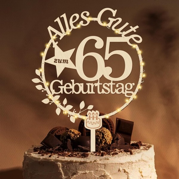 Cake Topper 65. Geburtstag Holz Mit LED Lichterkette Tortendeko Deko Frauen-image