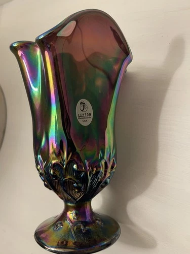 Fenton Amethyst Carnival Glass Vase - 7” flower design at bottom