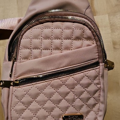 Fashion JINGPIN creations Pink Quilted Backpack Zip Zipper Gold Hardware Gray