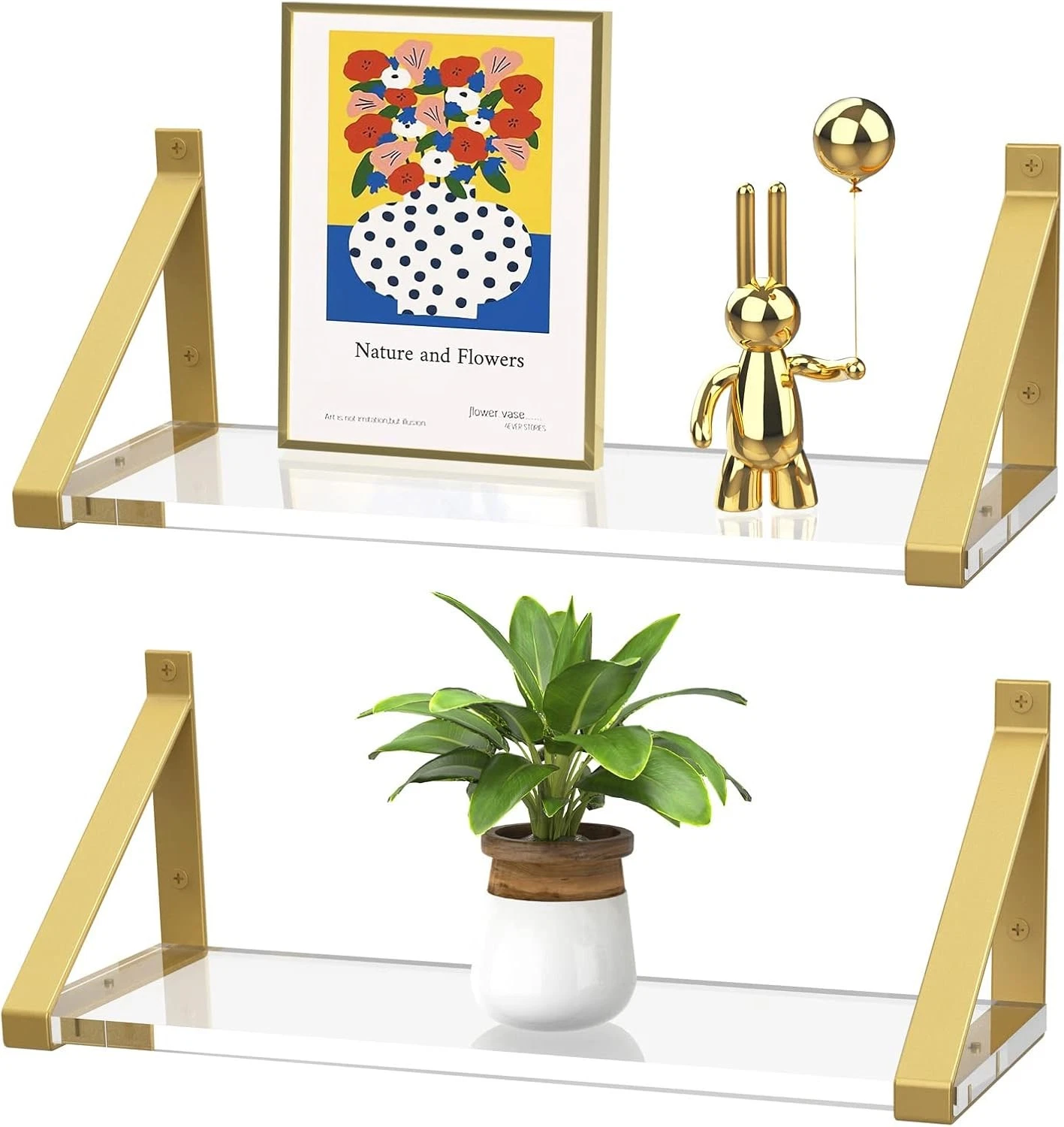 Clear Shelves Gold Floating Shelves Wall Mounted Set of 2 8mm Transparent