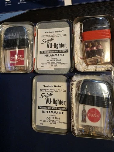 Lot Of 3 Vintage Coke Scripto Vu-Lighters W/Tins ^^^RARE^^^