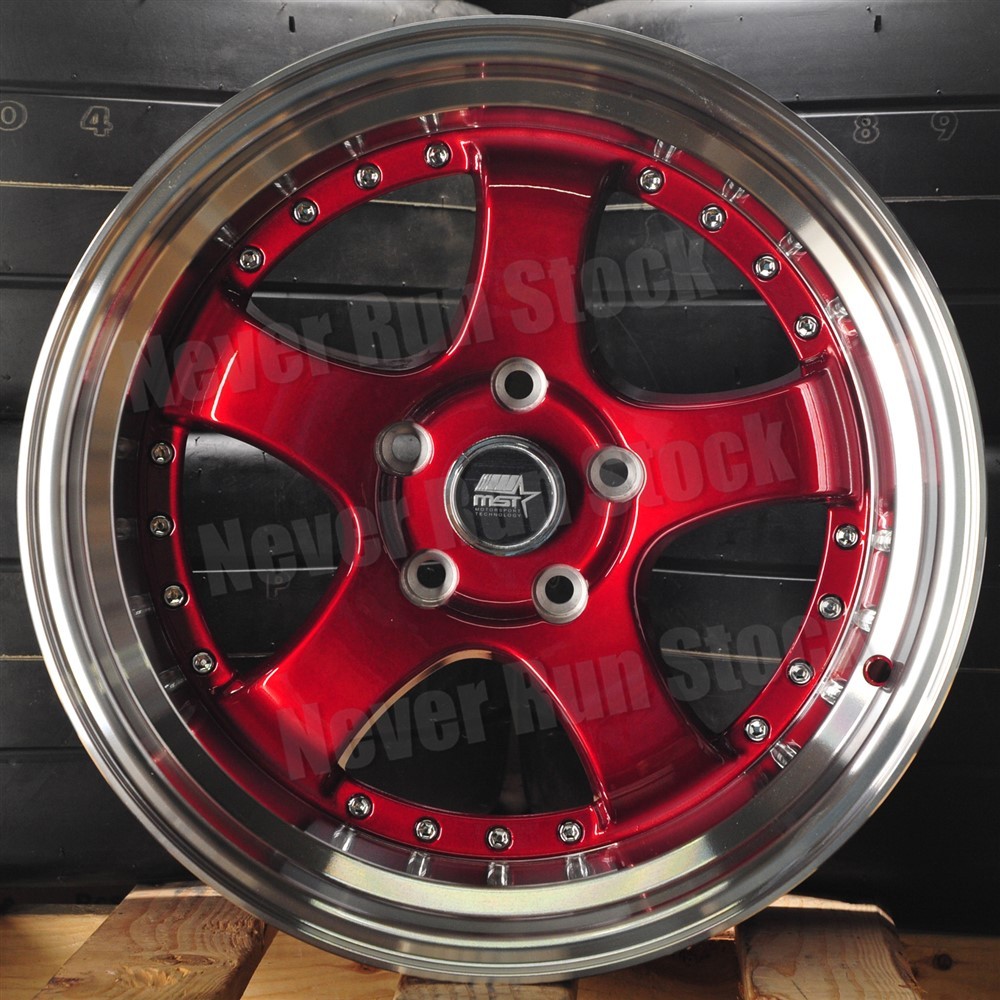 MST MT-07 18x9.5 5x114.3 +20 GLOSS RED MACHINE LIP RIVET 5 SPOKES