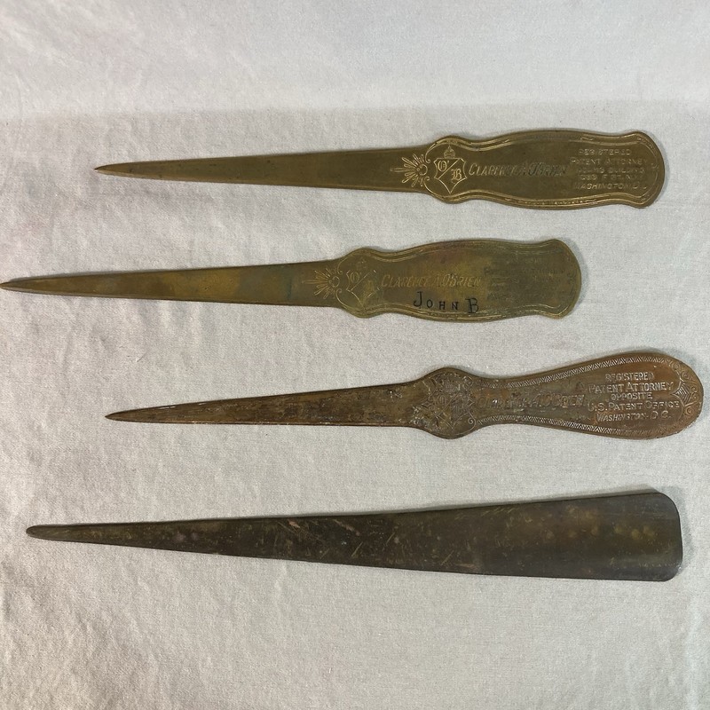 Lot of 4 Antique Letter Openers Copper  3 Clarence O'Brien 1  JOHN B & 1 plain