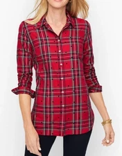 Talbots Mountain Polka Dot Plaid Cotton Rayon Button Front Shirt Top Red Sz S