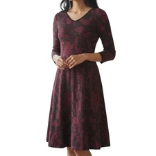 Peruvian Connection Metallic Wine Black floral dress Sz Medium Fit Flare V Neck