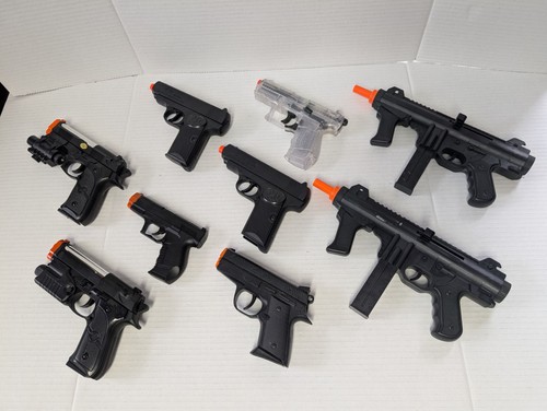 Assorted Toy Guns Lot 9 Pc Black Plastic Orange Tip Pistols SMG Play Kids