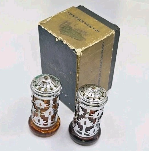 Antique Victorian Amber Salt & Pepper Shaker Nickel Plated Gothic Circa 1900