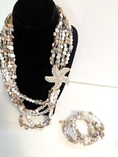 Multi Layers Sea Star Rhinestone Pendant Shell Bits Glass Statment Necklace