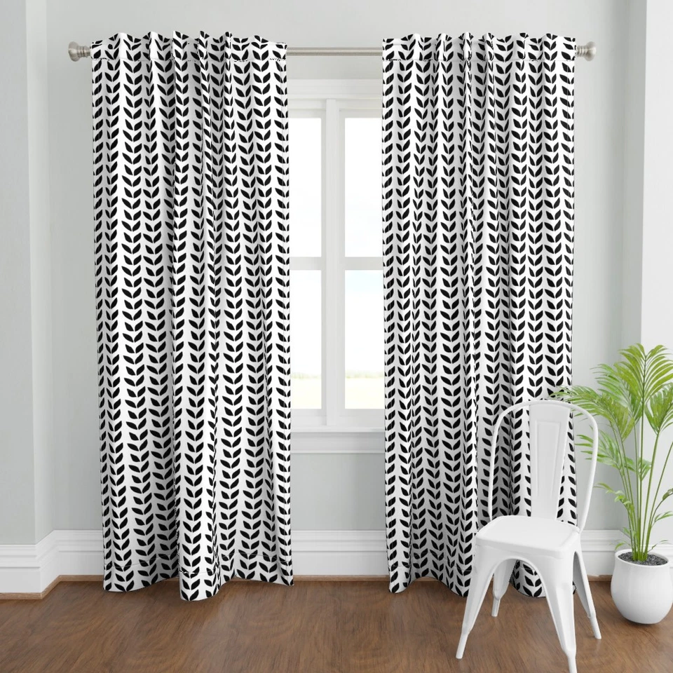 Geometric Leaves Black And White Geometrical Leaves Printed Custom Curtain Panel - Image 2 of 4