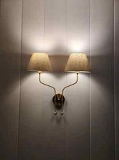Double Arm Brass Wall Sconce with Linen Shades – Hardwired or Plug-In Wall Light