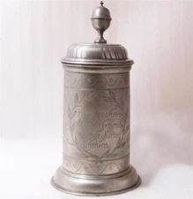 Antique Early Pewter Engraved German Beer Stein Walzenkrug Saxonian c.1800