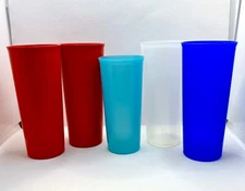 5 Tupperware Tumblers Vintage Cups 4-16 Oz & 1-12 Oz Red Blue Clear Aqua