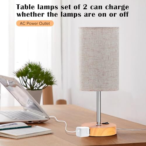 Table Lamp for Bedroom Set of 2, Bedside Small Flaxen Shade- Woodgrain Base - Picture 6 of 7