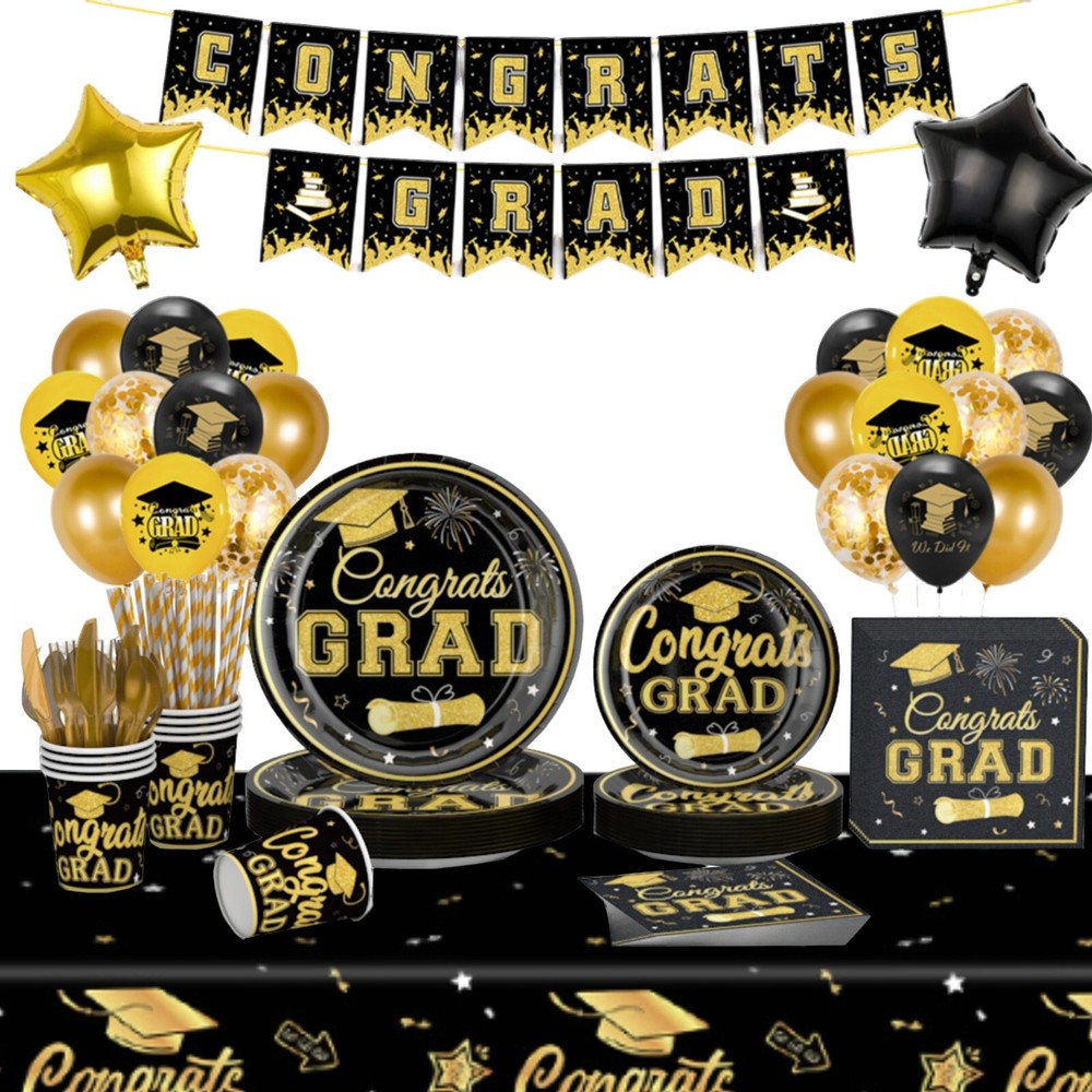 Gold and Black Graduation Party Decor Set 152PCS with Banner Plates Napkins  