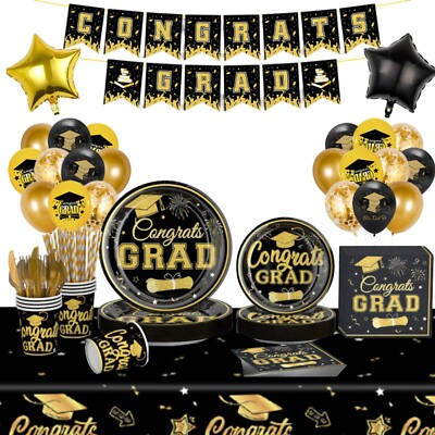 Gold and Black Graduation Decorations Set 152PCS Banner, Paper Plates and Napkin