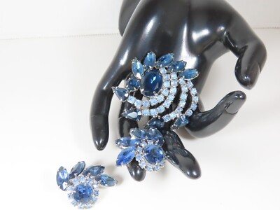 Rhinestone Glass Brooch Earring Set Vintage Denim and Light Blue