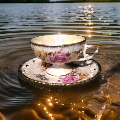 Inarco Teacup And Saucer Pink & Yellow Rose E- 4271 Iridescent Vintage
