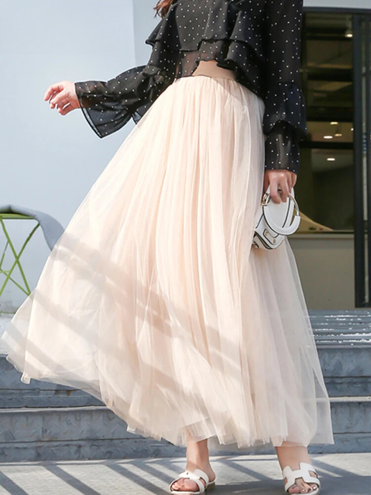 Waist Layers Mesh Long Tulle Skirt Spring Autumn Elegant High