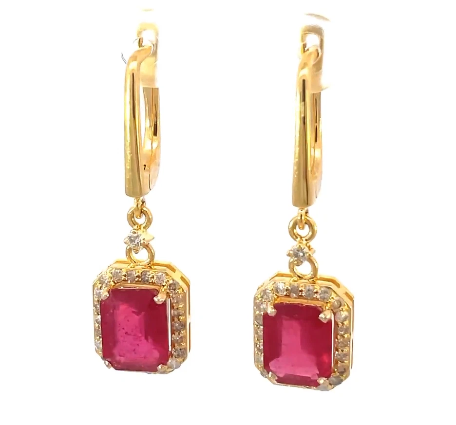 Vintage Victorian Pave Diamond & Red Ruby Earrings Gold Ruby Wedding Jewelry - Image 4 of 4