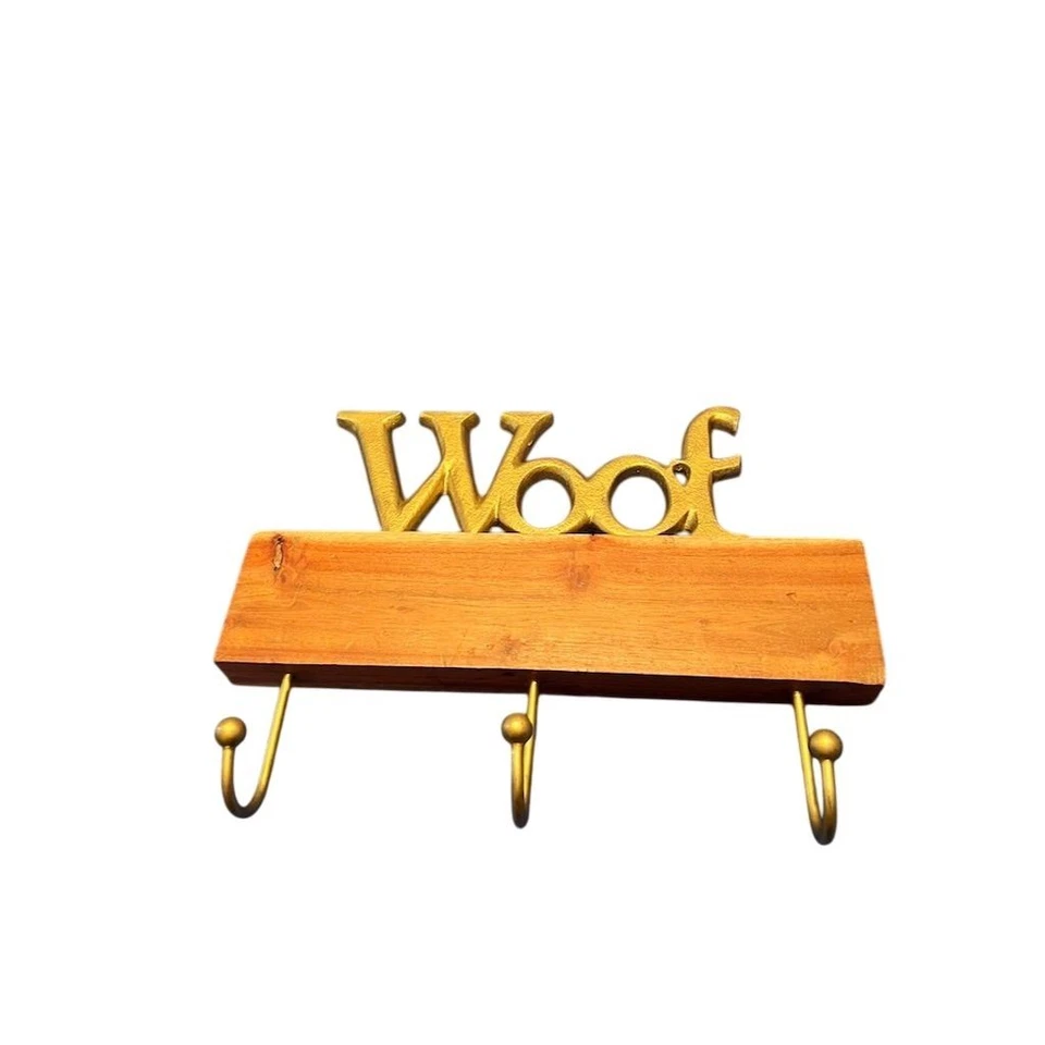 Gancho de pared con correa de perro de madera y barril diseño "Woof" placa multicolor Foto 3 de 4