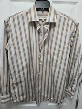 Men's Pronto Uomo Dress Shirt BROWN / BLUE Button Up Non Iron Cotton Size LARGE