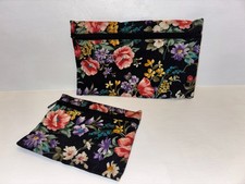 2 Makeup Bags Floral Vtg Wet Zipper 80s 90s Set Flowers Black Cosmetic Zip