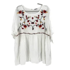 Jodifl Floral Embroidered Boho Peasant Blouse Shirt Top Women's 2XL White Flowy