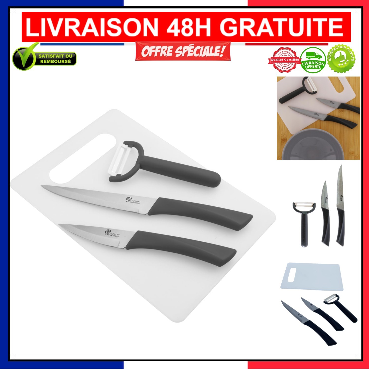 Couteaux Satinés Pradel Excellence Idée Cadeau Crémaillère avec Planche