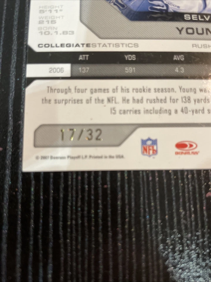 2007 Leaf Limited Rookie Spotlight Silver /20 Selvin Young #300 Rookie RC - Image 3 of 3