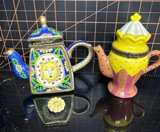 Kelvin Chen Enamel Teapot Trinket Box + Mini Teapot Box Flower Trinket Lot
