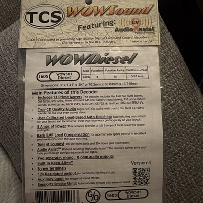 Train Control Systems TCS G/O Scale #1605 WOW501 Sound Large ScaleDIESEL Decoder