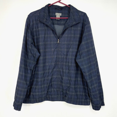 Izod Golf Mens Medium Zip Front Windbreaker Jacket Navy Blue Check Long Sleeves