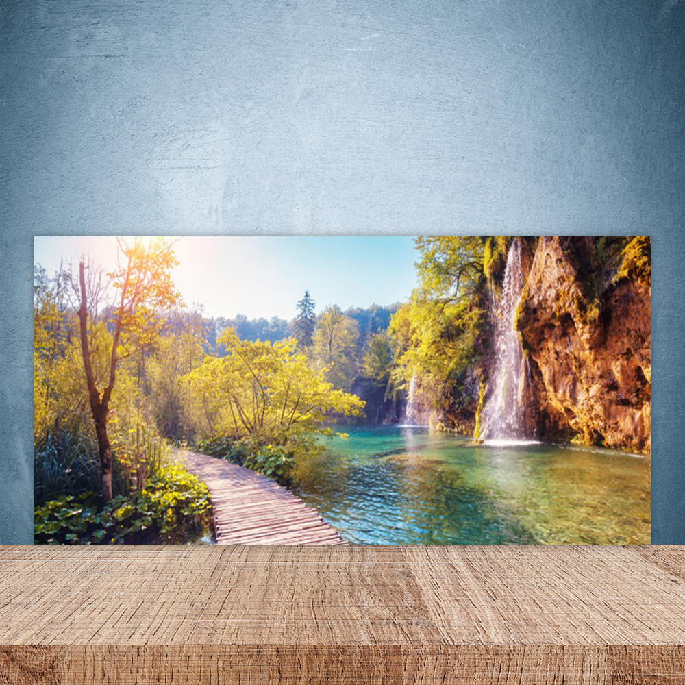 Paroi de cuisine en verre fond de hotte décoratif 100x50 cm motif pont de mer et arbres