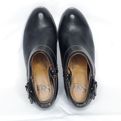 Sofft Womens Heeled Boot 7 Black Leather Bootie Shoe Side Buckle Contrast Stitch - Picture 5 of 10
