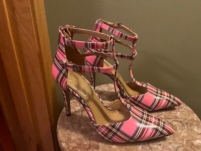New 8.5 Jessica Simpson Pink Plaid Pyllah Heel T-strap | eBay