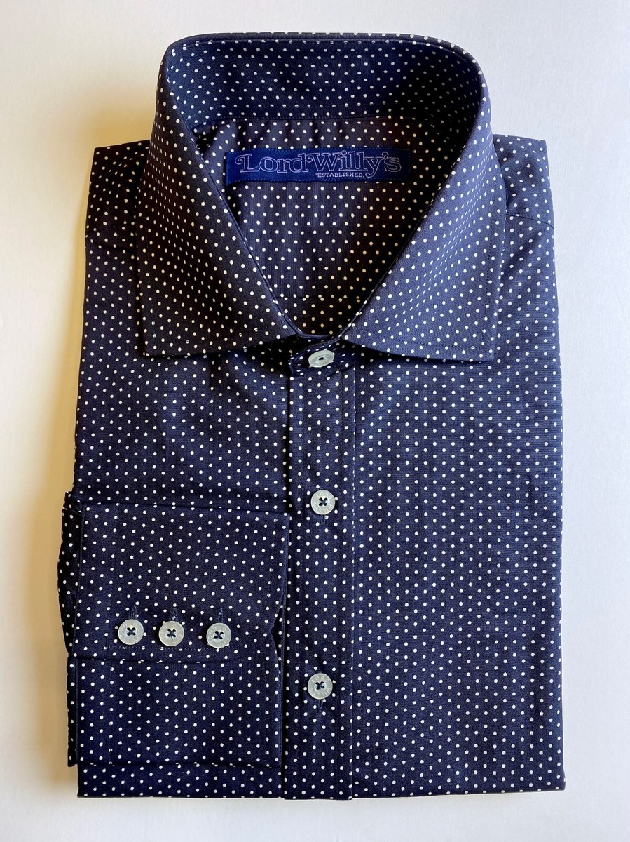 DESIGNER Mens Polka Dot Dress Shirt Navy and White. Size S. 15.5"/34.5" Cotton. DESIGNER Mens Polka Dot Dress Shirt Navy and White. Size S. 15.5"/34.5" Cotton.