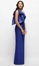 Alfred Sung Cobalt Blue Bow One-Shoulder Satin Column Gown Size 10 $269 D861
