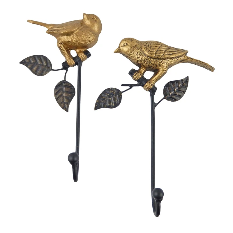 Metal Bird Wall Hooks Gold &amp; Black Key Towel Coat Hanger Set of 2