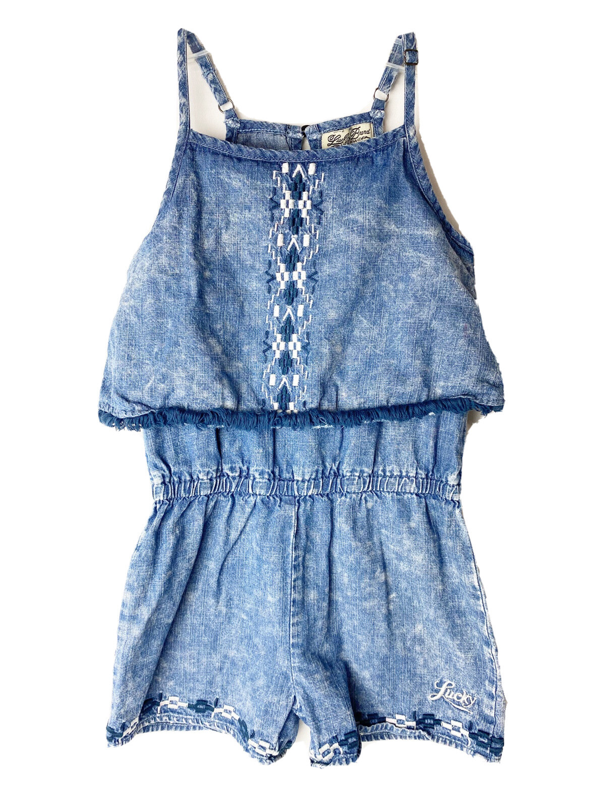 denim ruffle romper