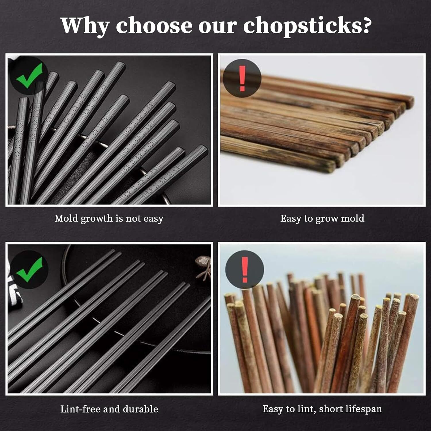 Chopsticks - 10 Pairs Reusable Fiberglass Alloy Chopstick Set, Dishwasher Safe
