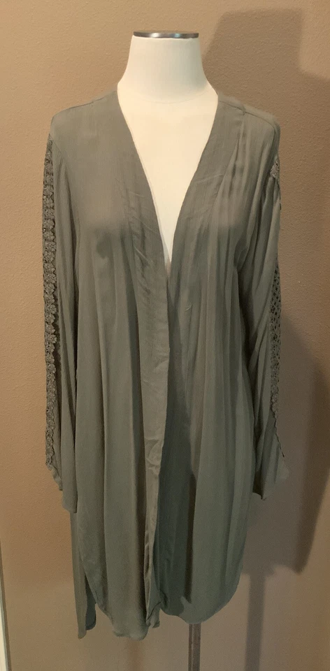 Unbranded 1X Olive Green Long Sleeve Boho Open Front Cardigan Blouse W Lace Trim