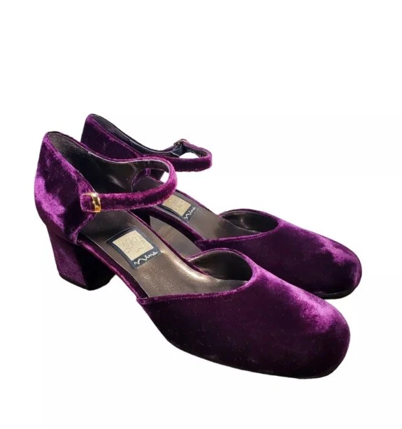 Zapatos de tacón grueso de terciopelo púrpura de colección Y2K años 90 punta redonda Mary Janes 8,5 Foto 3 de 4