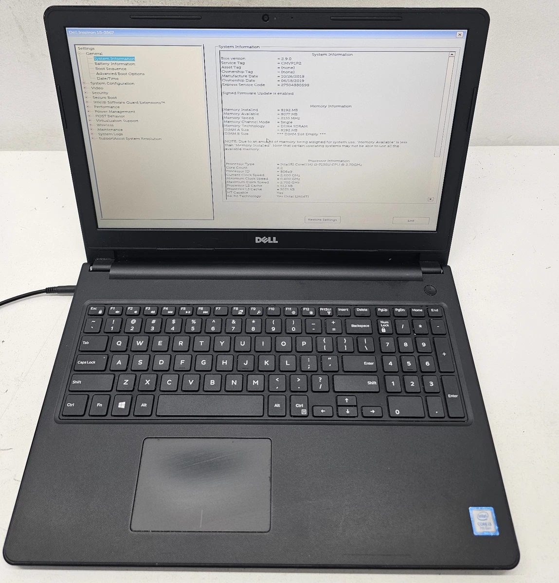 Dell Inspiron 15 3567 8 GB RAM PC 2.50-2.99 GHz Processor Speed