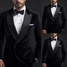 Black Men's Velvet Suit Peak Lapel Double Breasted Prom Wedding Tuxedo Jacket
