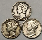 1943 P D S Mercury Dimes, (3) Coin Lot, 90% Silver Coins, Great 4 Albums M-43AB3