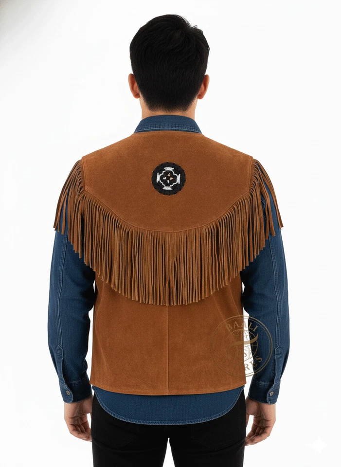 Unisex Western Suede Fringe Leather Vest Cowboy Cowgirl Handmade Beaded Jacket - Image 4 of 4